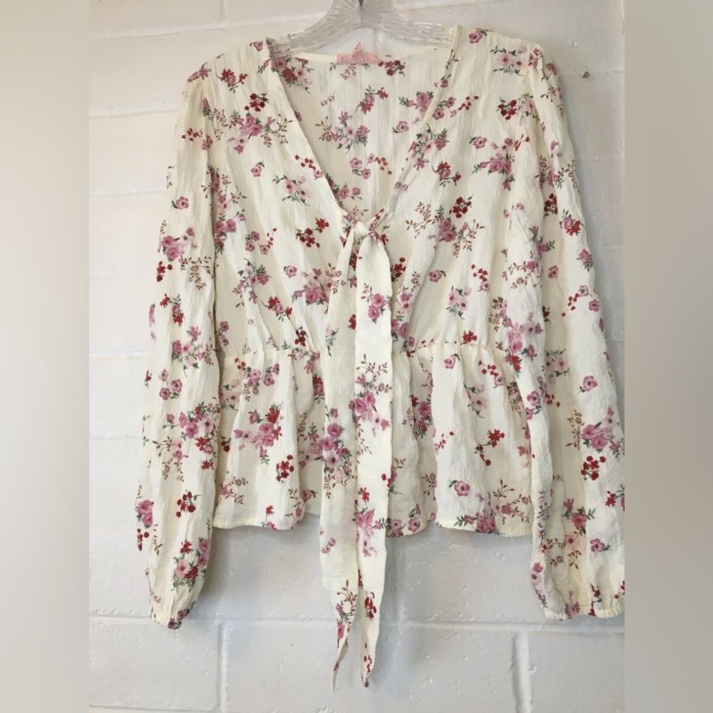 Floral Tie-Front Blouse - Cream and Pink - Picture 16 of 16